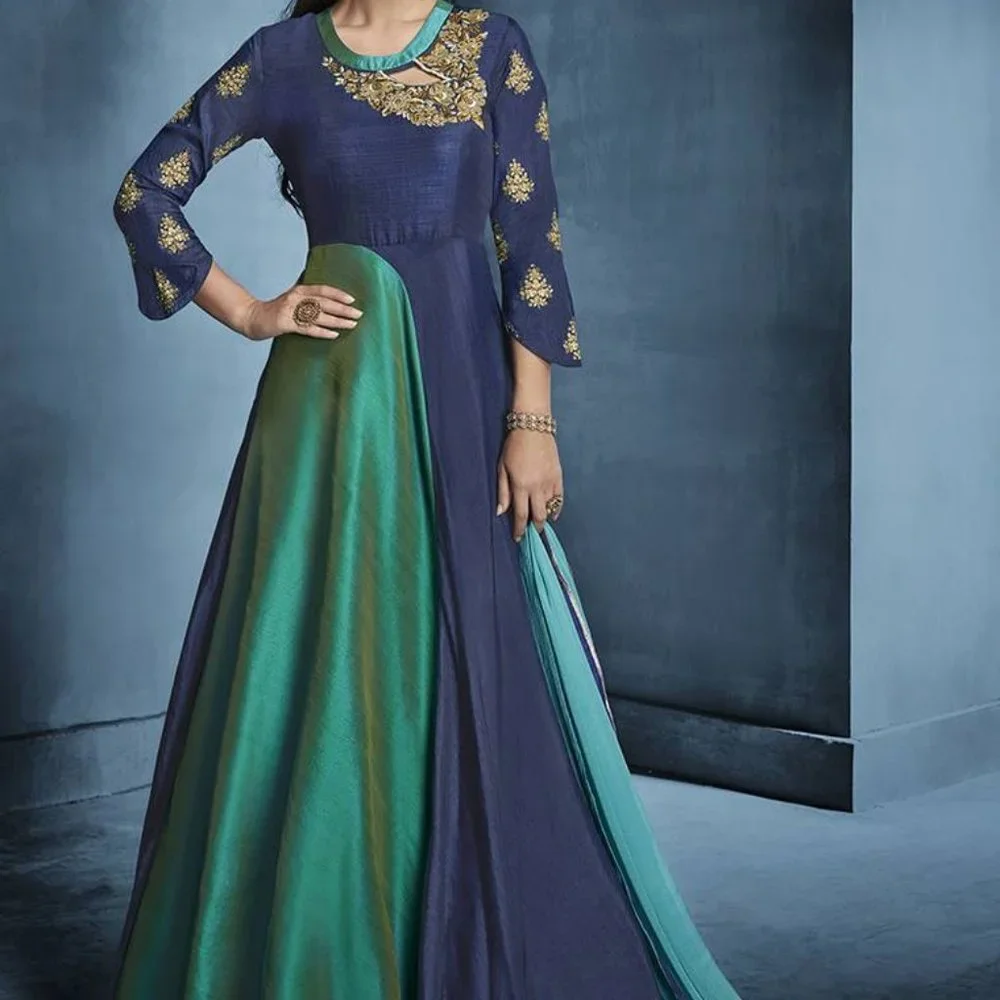 NAVY-BLUE EMBROIDERED TAFFETA SALWAR - Picture 1 of 3